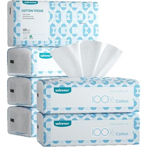 Winner Soft Face Towels, 100% USDA Biobased Facial Towels, Unscented Cotton Tissues for Sensitive Skin, OEKO-TEX Certified Face Towelettes Disposable, Makeup Remover Dry Wipes, 600 Count, Pack of 6