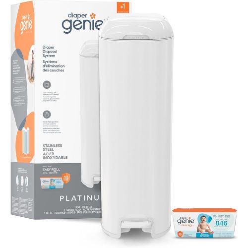 Diaper Genie Platinum Diaper Pail, White - Made in Durable Stainless Steel and Includes 1 Easy Roll Refill with 18 Bags