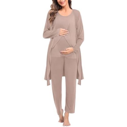 SWOMOG Maternity Nursing Robe Set 3 PCS Postpartum Breastfeeding Pajamas Hospital Pregnancy Pjs Double Layer Lounge Set