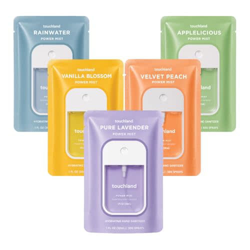 Touchland Blossom 5 Hydrating Hand Sanitizer Spray Set Travel Size | TSA ready Power Mist with skincare benefits. Rainwater, Vanilla Blossom, Pure Lavender, Velvet Peach and Applelicious.