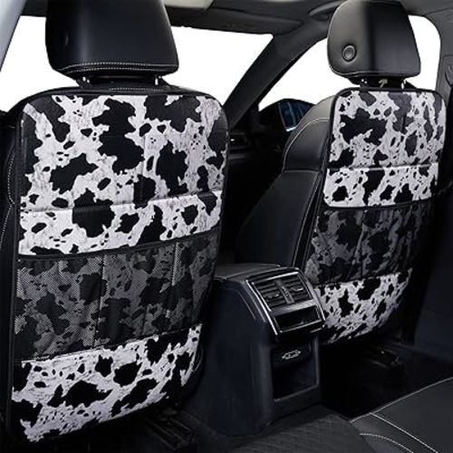 Cow Print Car Seat Back Kick Protectors,2 Pack Kick Mats with Storage Pockets,Car Accessorise(Cow Print)