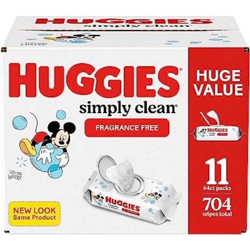 Baby Wipes, Huggies Simply Clean, UNSCENTED, Hypoallergenic, 11 Flip Top Packs, 704 count (Packaging may vary)