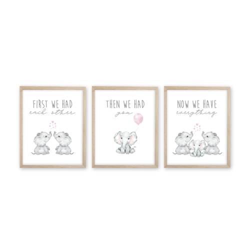 Watercolor Elephant Nursery Prints, Baby Girl Wall Decor