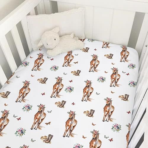Watercolor Cowgirl Horse Floral Baby Crib Sheet 52''x28'' Western Cowgirl Boots Hats Stretchy Fitted Crib Mattress Cover for Boy Girl Wild Soft Baby Sheets for Standard Crib Toddler Mattress