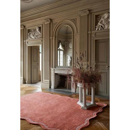 Hand-Tufted Wool Area Rug - 6x9 Ft, Solid Coral Pink Scalloped Edge Rug with Elegant Border, Soft Plush Handmade Wool Carpet for Hallway, Living Room, Bedroom, Nursery & Home Decor
