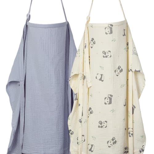 ANYEDDE 2-Pack Muslin Nursing Covers for Breastfeeding - Breathable Breastfeeding Covers with Arch Neckline, Privacy Nursing Cover for Women and Baby, Gray & Panda