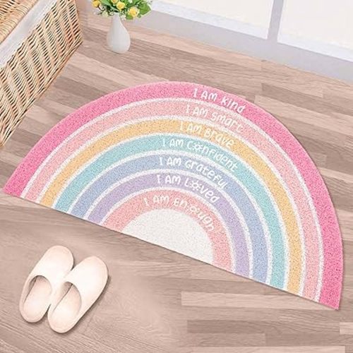 Rainbow Doormat Welcome Door Mat Semi-Circular Area Rug with Inspirational Quote Boho Non-Slip Floor Front Doormat Resist Dirt Carpet for Girls Room Classroom 35.43"x17.72"(Pink Pastel)