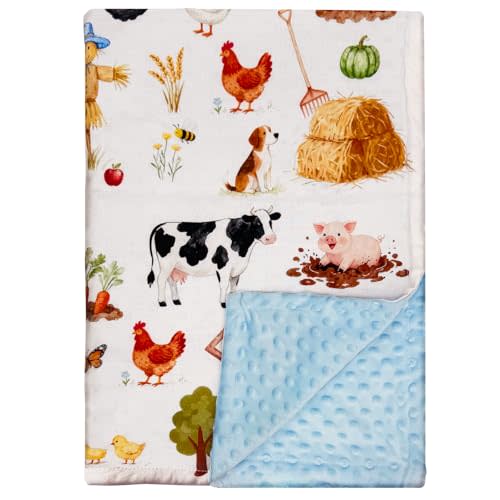Farm Animal Minky Baby Blanket for Boys Girls with Muslin Cotton Front and Dotted Fleece Backing, Soft Nursery Receiving Blankets for Newborn Toddler Crib Stroller Car Seat 27.5 x 39.3 Inch