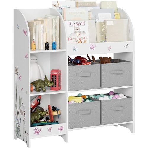 Toy Storage Organizer, Kids Bookshelf with 4 Fabric Bins, Toy Box Storage for Organizer with 3 Tier Book Rack and 3 Open Cubbies for Kids Room, Playroom, Nursery, School