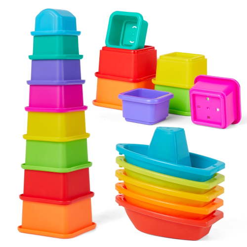 AMCHSURI Bath Toys for Toddlers, 13 PCS Rainbow Floating Boats with Baby Stacking Cups Early Learning Gifts