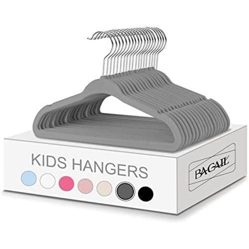 BAGAIL Kids Velvet Hangers 14” Inch Children's Clothes Hangers Non-Slip Baby Hangers for Infant/Toddler (Grey, 50pack)