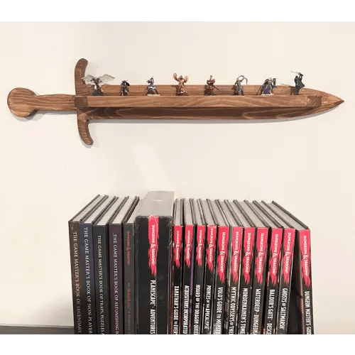 Sword Shaped DnD Miniature Display Shelf | Handmade Wood Sword Wall Mount for Dungeons and Dragons Minis, Fantasy Gamer Decor Gift