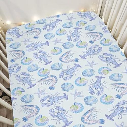 Pastel Blue Coastal Lobsters Baby Crib Sheets for Boy Girl 52x28In Preppy Lobster Starfish Conch Shells Soft Snug Fitted Crib Mattress Cover Beach Summer Bed Sheet for Standard Crib & Toddler Mattress
