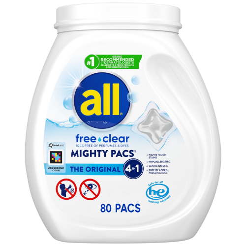 all Mighty Pacs Laundry Detergent, Unscented, Dye Free, Hypoallergenic, 80 Count