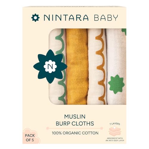 NINTARABABY Burp Cloths - 100% Organic Premium Muslin Cotton, Extra-Large 22" x 12", 7-Layer Absorbent & Waterproof, Reversible, Soft & Hypoallergenic, Gifts for Newborns, Pack of 5