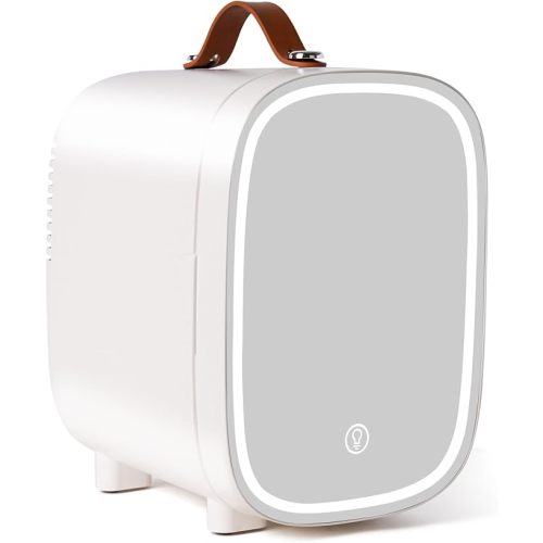 Mini Fridge for Bedroom, 4 Liter/6 Can Skincare Fridge With LED Mirror & Leather Carrying Handle,12v AC/DC Cooler & Warmer Portable Small Refrigerator for Drinks, Makeup, Dorm, Office and Car(White)