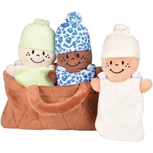 Creative Minds Basket of Babies with 3 Super Soft 9" Plush Doll Toys for Kids, Multicultural Sensory Babies Toy Set with Basket, Green, White, Blue