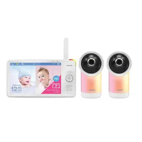 VTech - 2 Camera 1080p Smart WiFi Remote Access 360 Degree Pan & Tilt Video Baby Monitor with 7” Display, Night Light - White