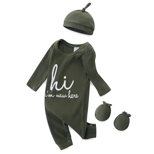 Baby Boy Girl Ribbed Onesies Romper Coming Home Outfits Letter Print Bodysuit Jumpsuit Hat Glove 3PCS Clothes Set