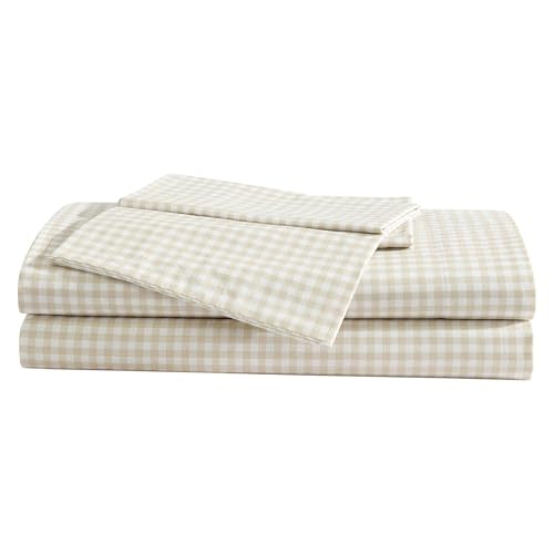 Eddie Bauer - Twin Size Sheet Set, 100% Cotton Percale Bedding, Crisp & Breathable Bed Sheets, Fully Elastic Fitted Sheet with Pillowcase (Little Gingham Beige)