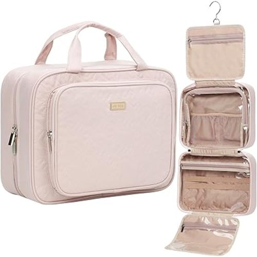 NISHEL Travel Toiletry Bag for Women, Makeup Essentials Organizer, Hanging Case for Accessories, Cosmetics, Large Size, Pink