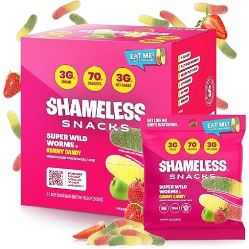 Shameless Snacks - Super Wild Worms Gummy Candy, 6 pack (Low Calorie, Low Carb)
