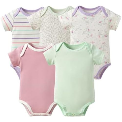 Baby Girls Short Sleeve Bodysuit,100% Cotton 5 Pack of Infant Clothes,0-24 Months Soft Toddler Summer Rompers
