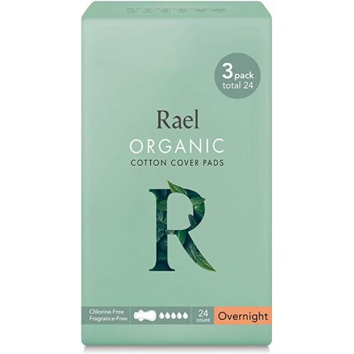 Rael Certified Organic Cotton Menstrual Overnight Pads, Thin Natural Sanitary Napkins with Wings (24 Total), Pack of 3