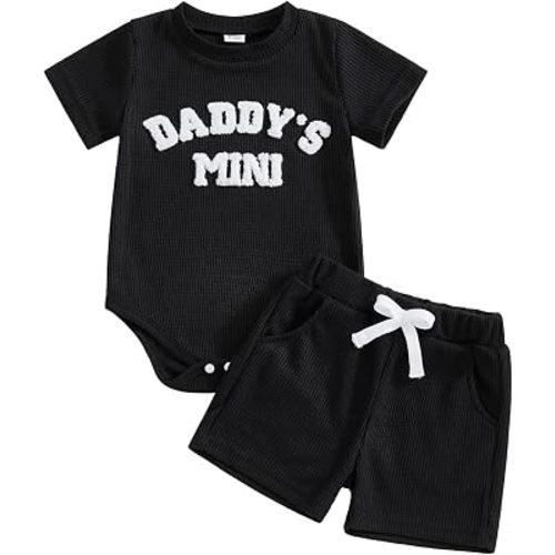 Kupretty Baby Boy Clothes Daddy's Mini Waffle Knit Romper Shorts Set