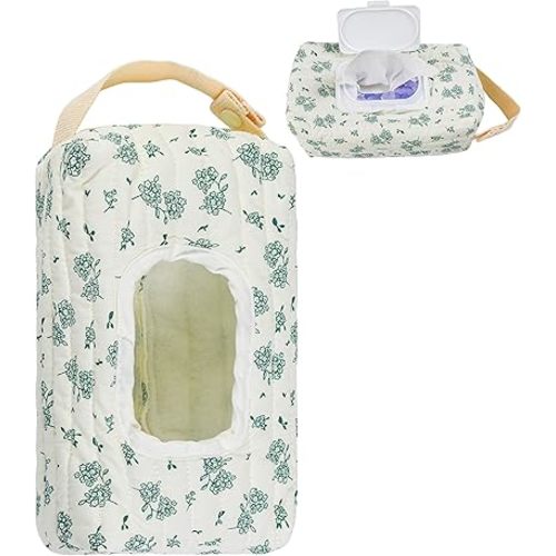 Quilted Baby Wipe Holder Floral Diaper Pouch Portable Quilted Wipes Bag for Car, Stroller (Floral Leaves)