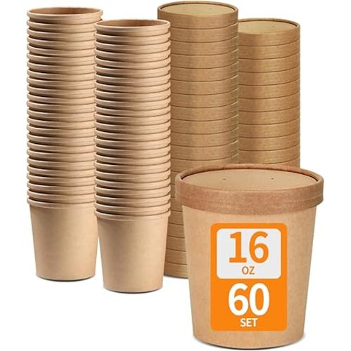 Celel 60 Pack 16 oz Pint Ice Cream Containers with Lids, Paper To Go Soup Containers Microwavable and Freezer Safe Disposable Food Storage Containers (60 cups 60 lids)