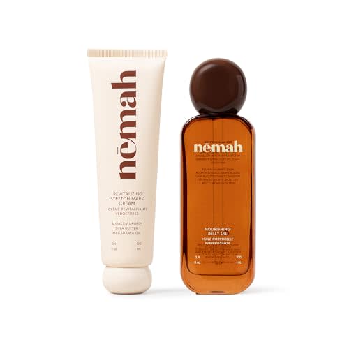 Nemah Stretch Mark Cream And Belly Oil For Pregnancy, 2 Piece Bundle Set | Pregnancy Stretch Mark Routine, Algaktiv UpLift Cream With Shea Butter Macadamia Oil and Jojoba Coconut Hemisqualane Oil
