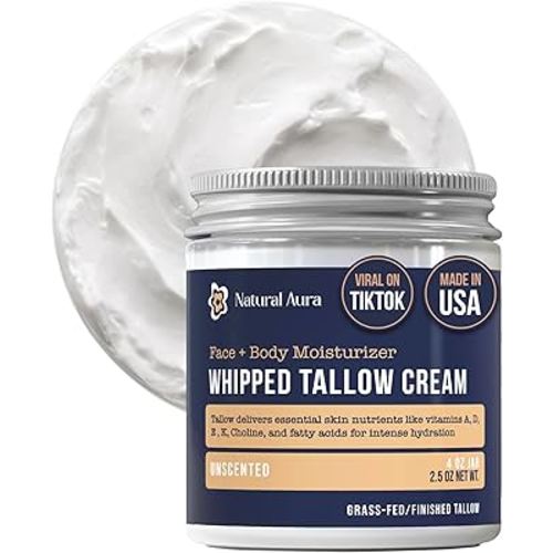 Whipped Beef Tallow for Skin - Face + Body Moisturizer, 100% Grass Fed Grass Finished Tallow and Honey Balm for Sensitive Skin - Natural Lotion - Free of Harsh Chemicals - 4oz, (Unscented)