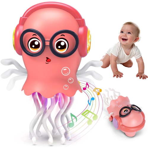 Lvelia Dancing Octopus Baby Toy, Electric Crawling Octopus Tummy Time Gifts for Toddler & Newborn,Light-up Dancing Interactive Toy with Music & Obstacle Avoidance, Infant Sensory（Pink）
