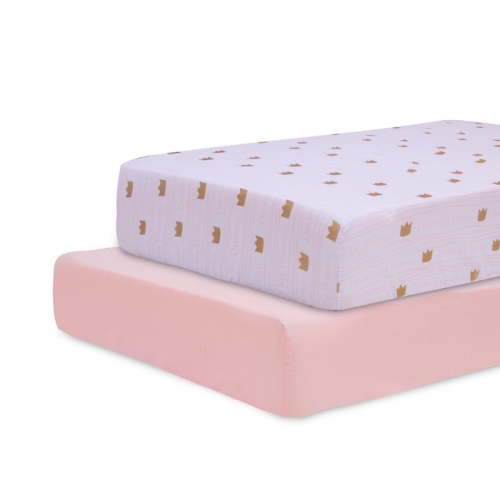 Little Grape Land Cotton Crib Sheets for Girls 2 Pack, Cotton Crib/Toddler Bed Sheet, Foil crown+Pink line