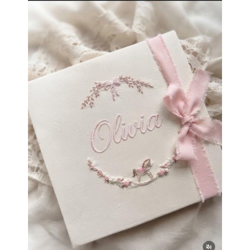 Custom Hand-Embroidered Linen Memory Book | Personalized Baby Photo Album, Christening or Guest Book with Rocking Horse Motif