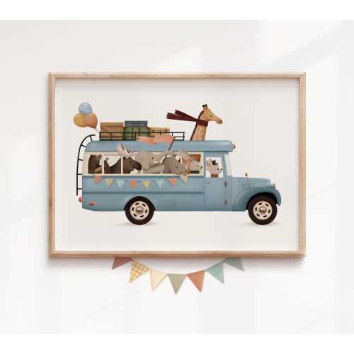 Woodland Animals Print: Whimsical Adventure Bus Nursery Art
