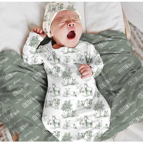 Farm Animal Toile Newborn Layette Set: Personalized Name Swaddle Blanket Gender Neutral