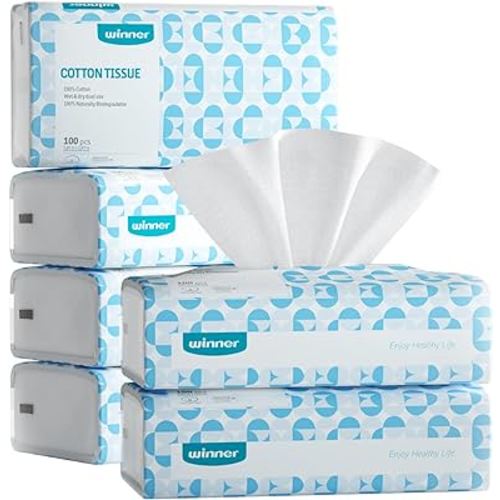 Winner Soft Face Towels, 100% USDA Biobased Facial Towels, Unscented Cotton Tissues for Sensitive Skin, OEKO-TEX Certified Face Towelettes Disposable, Makeup Remover Dry Wipes, 600 Ct, 6 Pack