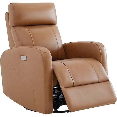 CHITA Genuine Leather Power Recliner Chair for Adults, FSC Certified Electric Nursery Swivel Glider for Living Room, Camel Brown