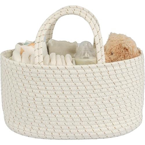 Diaper Caddy Organizer Cotton Rope Baby Basket Nursery Storage and Portable Tote Bag for Car Ideal Baby Shower Gifts and Registry Must-Have for Newborn Essentials striped
