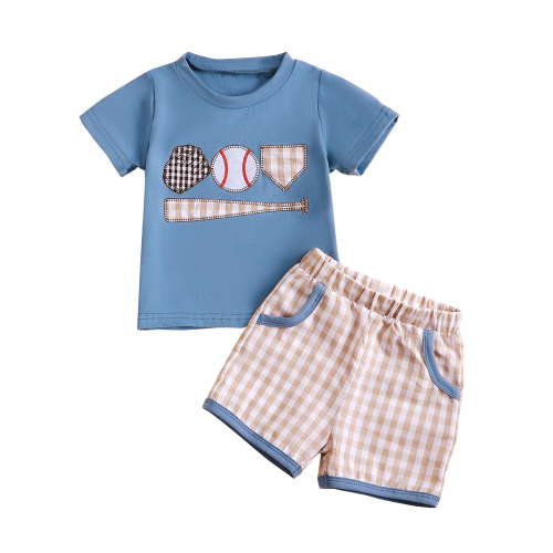 Baby Toddler Boy Shorts Set 3 6 12 18 24 Months 2T 3T Baseball Embroidery Short Sleeve T-Shirt Plaid Shorts 2 Piece Summer Outfit
