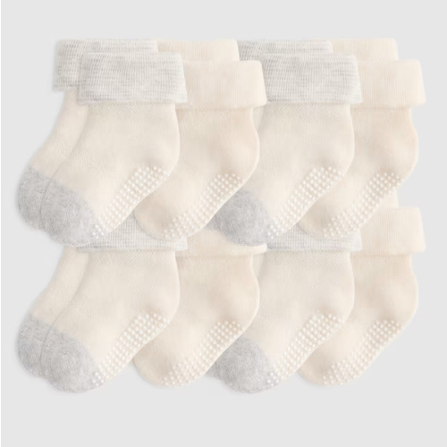Organic Cotton Gripper Fold Over Socks 8-Pack - Baby in White/Grey