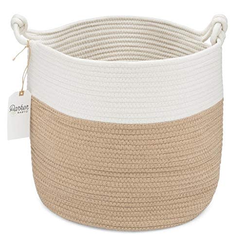 Parker Baby Nursery Storage Basket | Large Rope Storage Bin & Organizer for Laundry, Toys & Nursery Items | Collapsible, Versatile & Portable | Gender Neutral Colors to Match any Interior