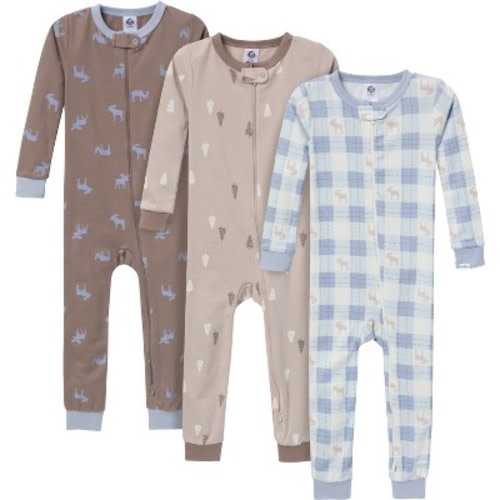 Gerber Baby Boy Snug-Fitting Footless Pajamas, 3 Pack, Moose & Trees, 3-6 Months
