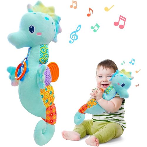 Fuzqq Baby Toys 0-6 Months,Musical Stuffed Animal Plush Toy with Rattle,Soft Newborn Toy for 0 3 6 9 12 Months Girls,Baby Boy Gift,Blue