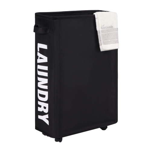 Caroeas 22" Rolling Slim Laundry Basket with Stand Foldable Waterproof Cover, Laundry Hamper on Wheels Tall Thin Dirty Cotton Corner Bin for Home