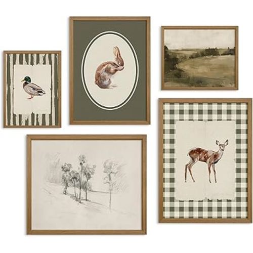 Vintage Nursery Wall Art Kids Canvas Poster Baby Boy Room Wall Decor Green Rabbit Wall Art Bunny Bird Prints Deer Picture Farmhouse Painting Nursery Artwork for Bedroom 12x16 Inch Wood Framed Set of 5