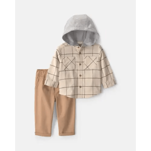 Baby Boy 2-Piece Hooded Plaid Top & Pant Set - Beige/Brown/Grey | Carter's
