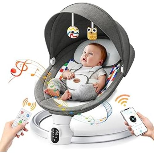 Baby Swings for Infants - Exclusive App & Bluetooth Function, Electric Baby Swing with 5 Point Harness & 5 Sway Speeds, 10 Preset Lullabies, Portable Infant Swing for Indoor/Outdoor(Dark Gray)